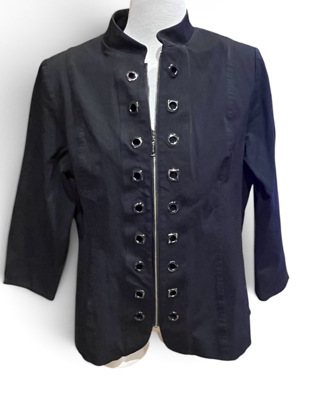 MISook Black Zip Front Jacket Statement Hardware 3/4 Sleeve size M military styl